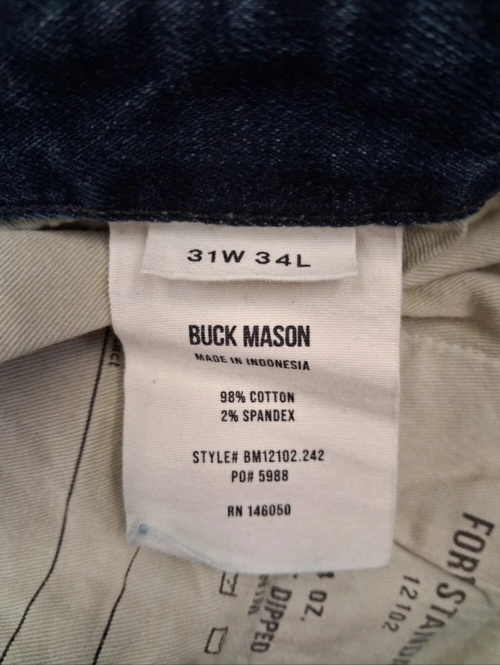 Buck Mason Fits 31X34 Ford Standard 14 oz. Double Dipped Denim Jeans Button Fly